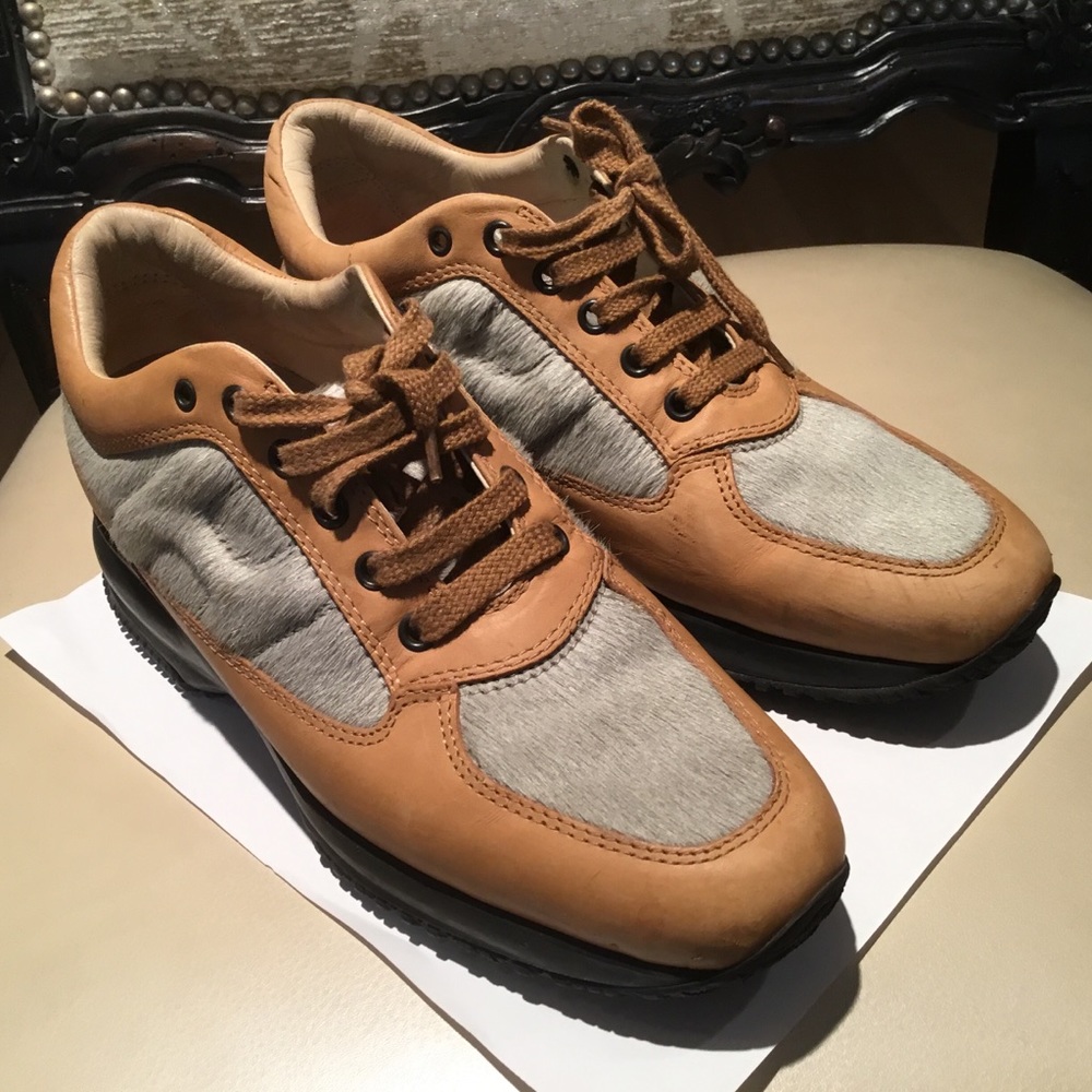Hogan beige leather pony hair sneakers sz 8.5